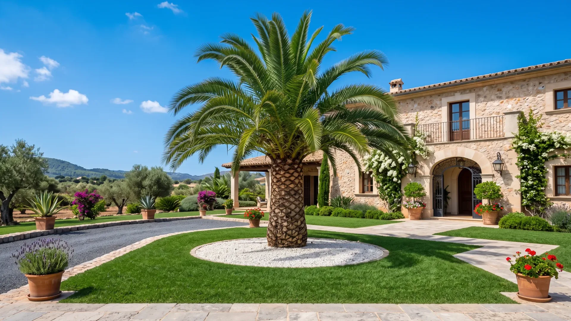 A mature Canary Island date palm on a circular lawn in front of a Mallorcan stone finca