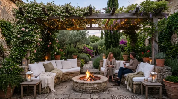 A sheltered seating area under a rose-covered pergola, with built-in benches around a stone fire pit at dusk