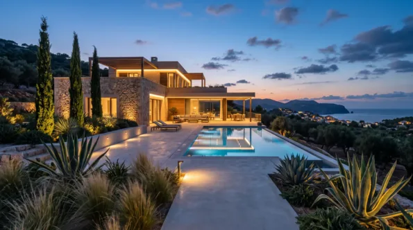 A contemporary Mallorcan villa at twilight, its terrace, pool and planting lit from below