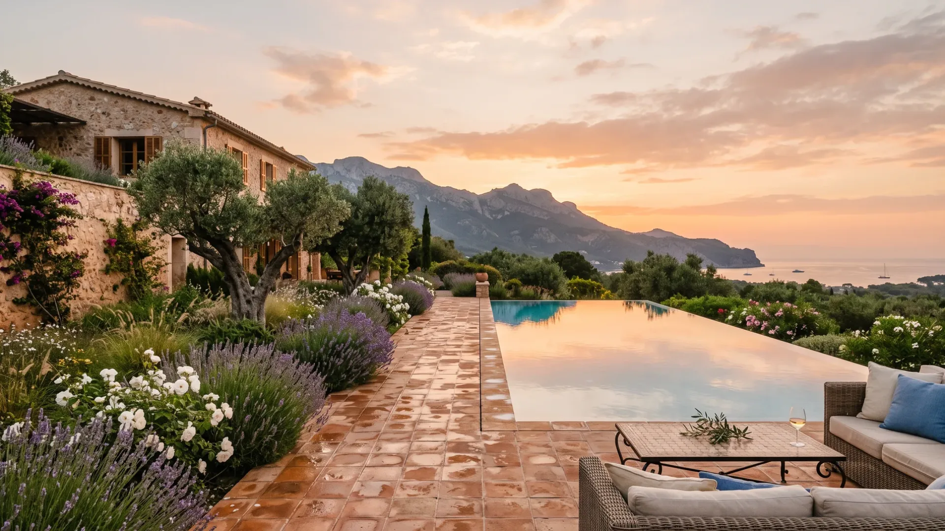 A terraced finca garden at sunset, with lavender borders, a pool and the Tramuntana mountains beyond