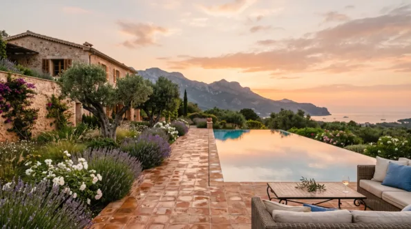 A terraced finca garden at sunset, with lavender borders, a pool and the Tramuntana mountains beyond