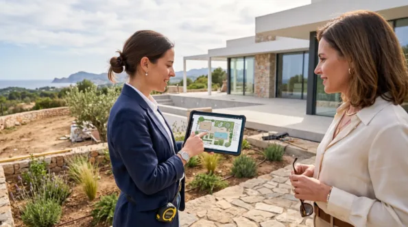 Two people looking at a garden layout on a tablet in front of a newly planted Mallorcan villa