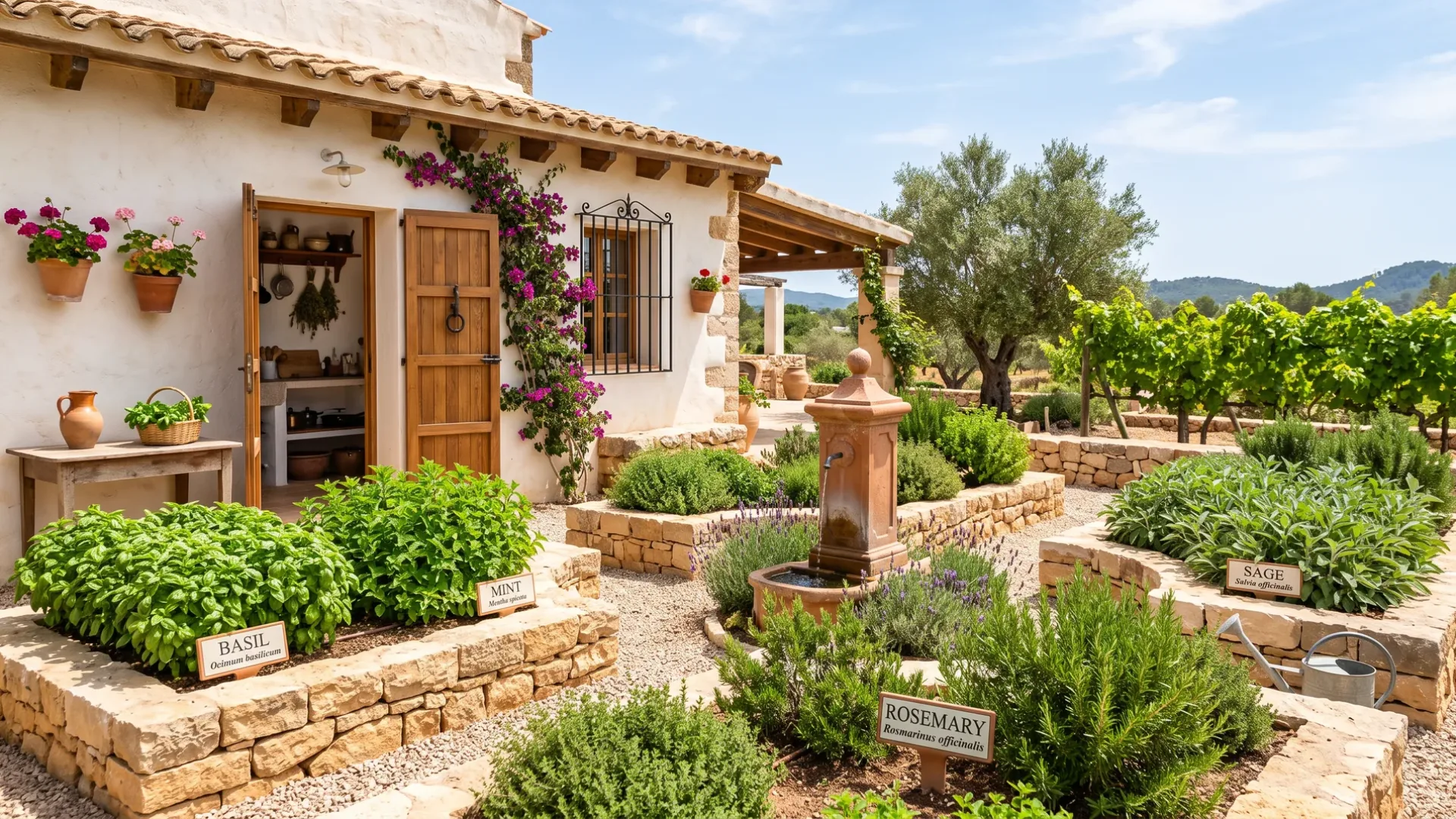 A raised stone herb garden beside a finca, with labelled beds of basil, lavender and rosemary