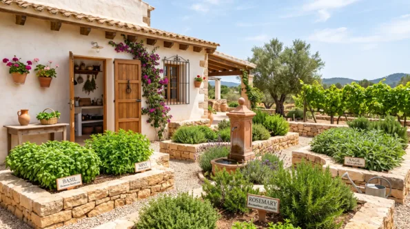 A raised stone herb garden beside a finca, with labelled beds of basil, lavender and rosemary