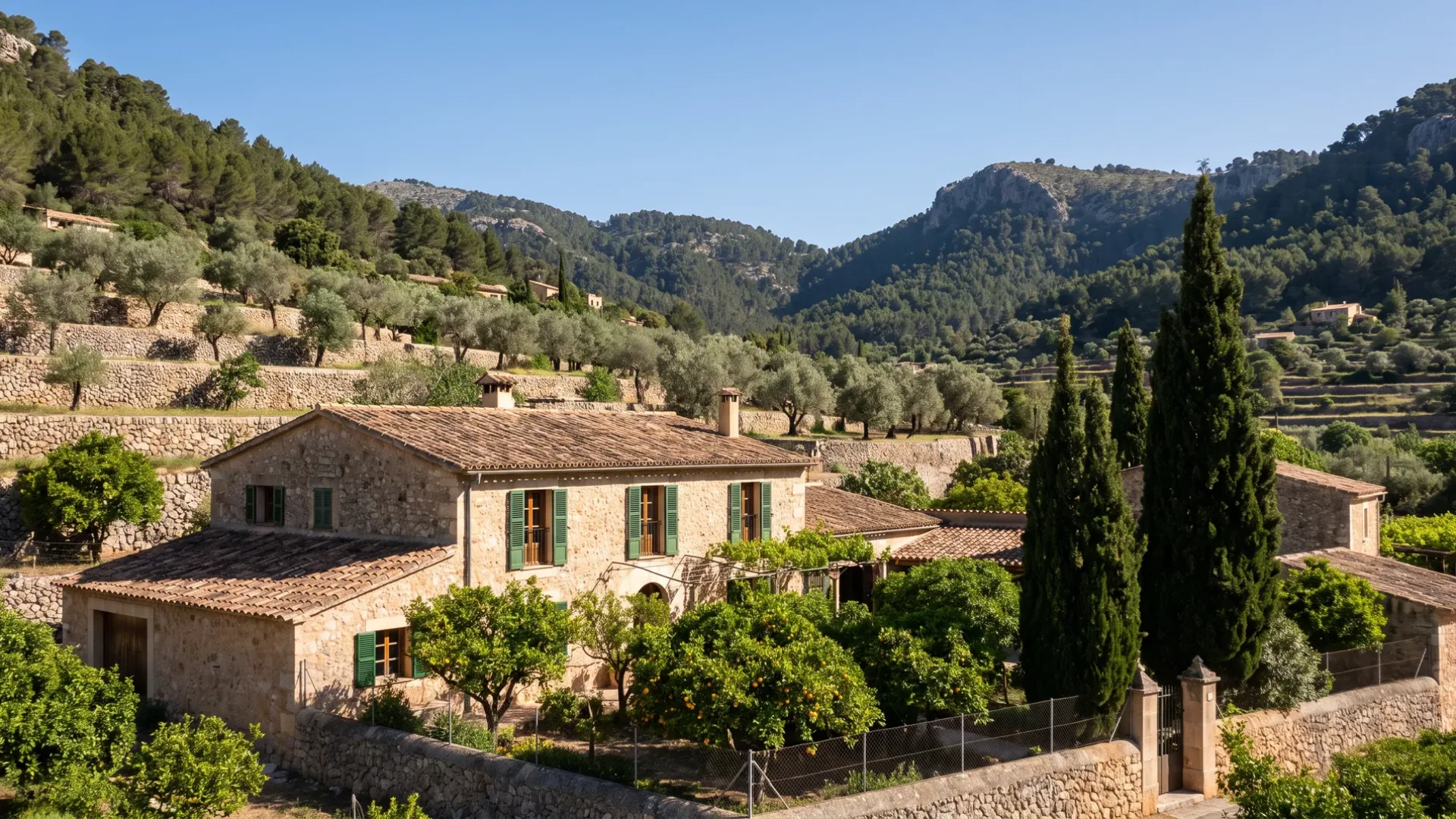 Almond terraces on dry stone marges above a stone village house in the inland valley at Andratx