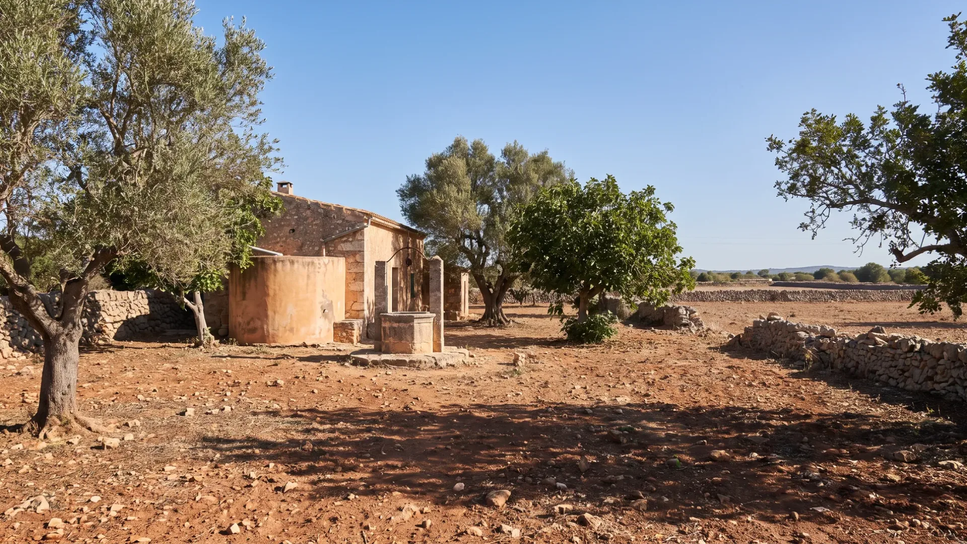 A stone finca with a well head and cistern among almond and carob on the thin red ground at Ariany