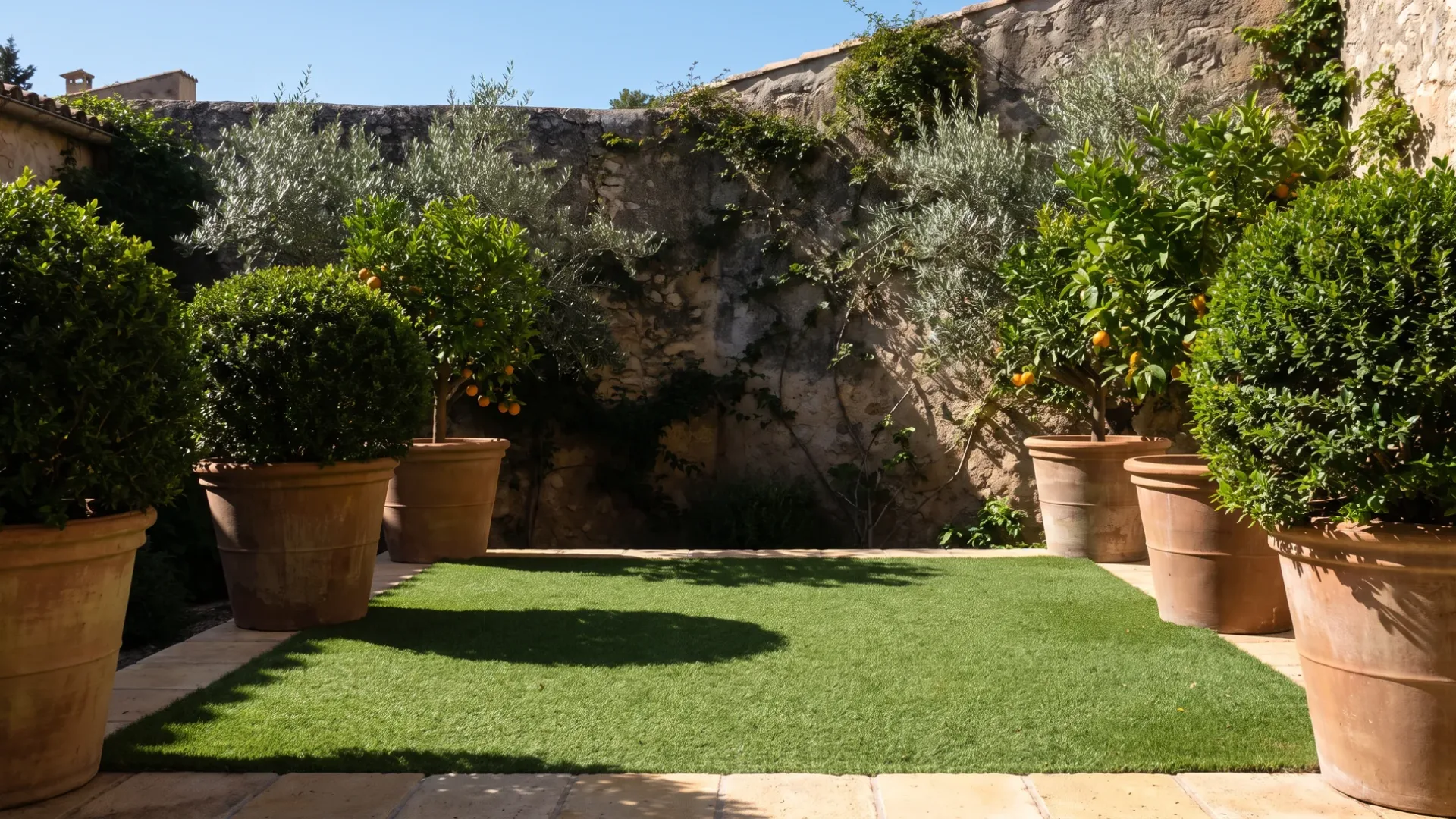 Artificial lawn laid to a cut limestone edge in a walled Mallorcan courtyard with terracotta pots of citrus