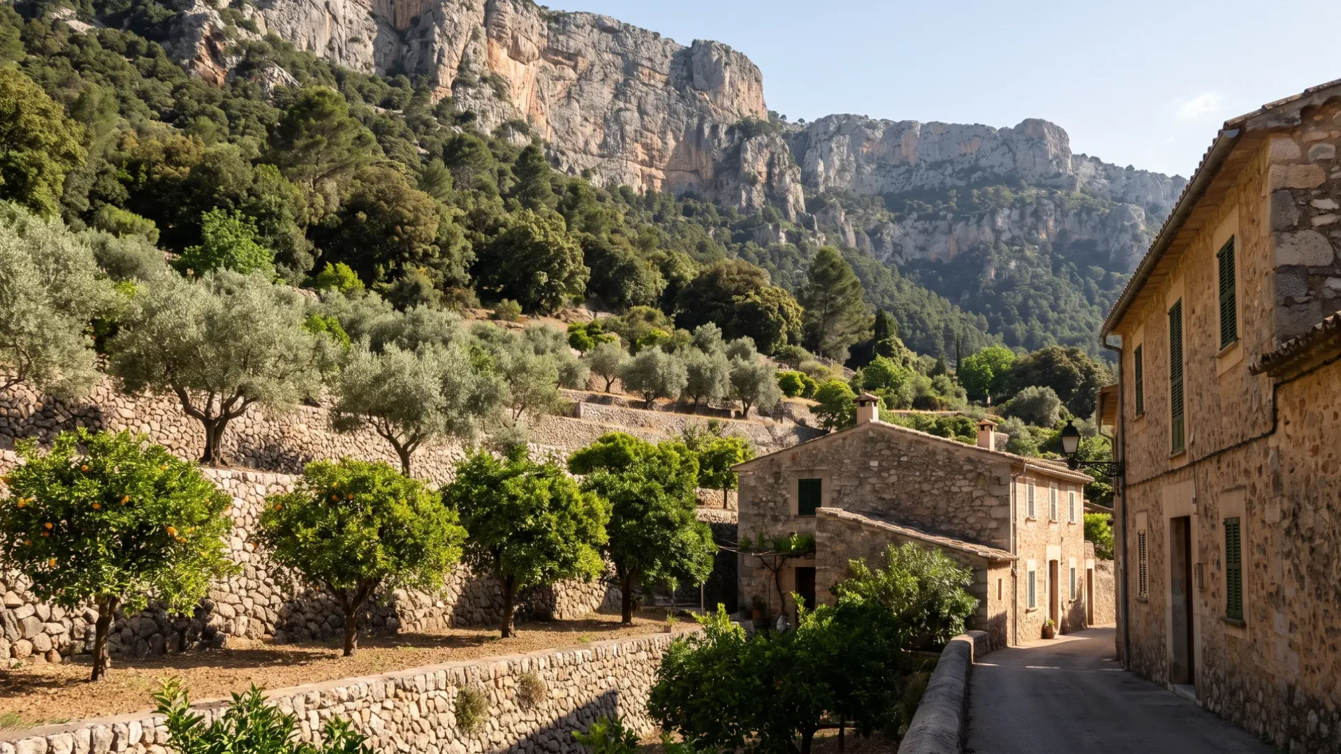 Terraced orange trees and olives on dry stone marges at Bunyola, under the limestone wall of the Tramuntana