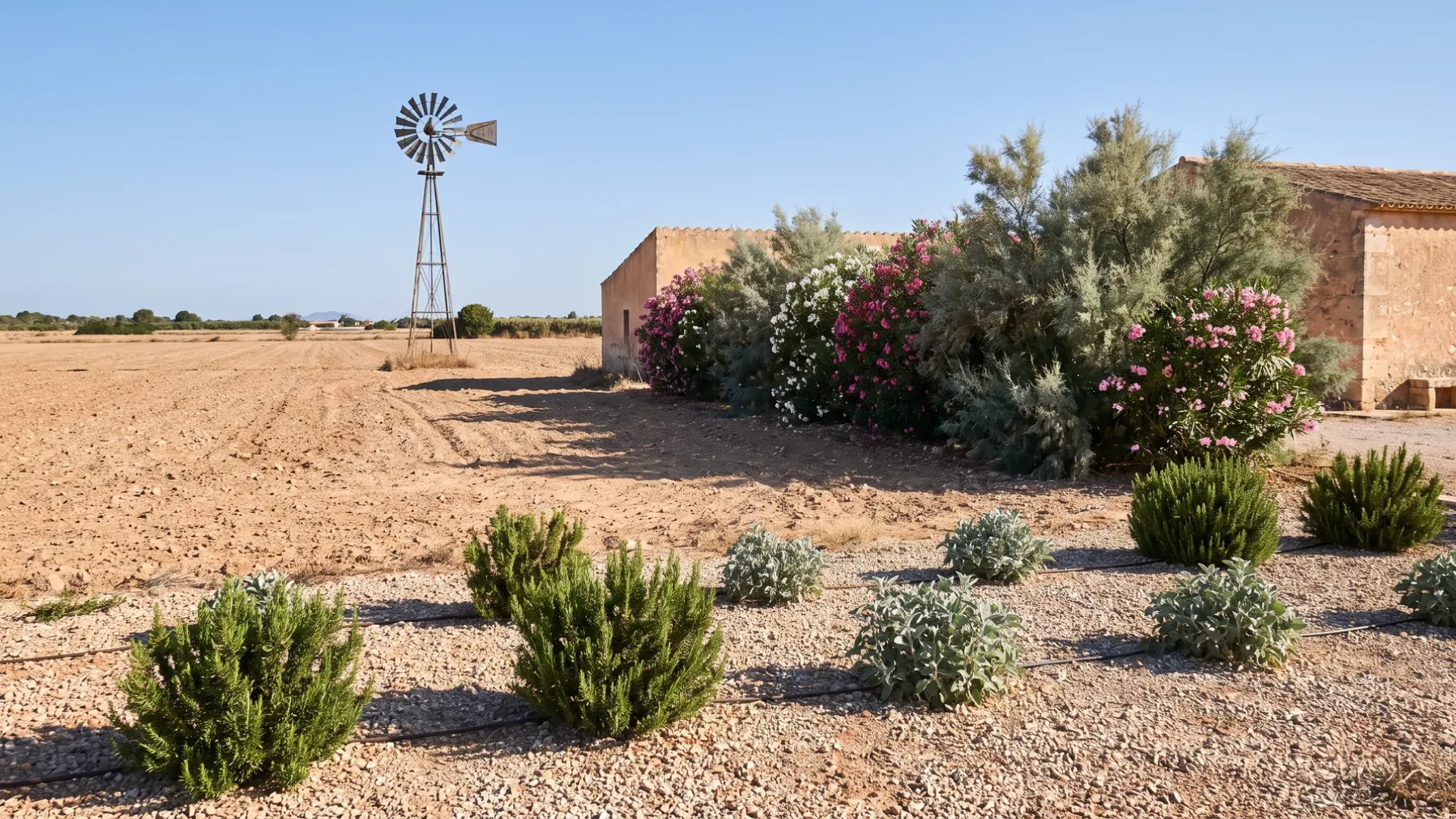 An iron wind pump on the open plain at Campos, with a tamarisk and oleander windbreak beside a stone finca