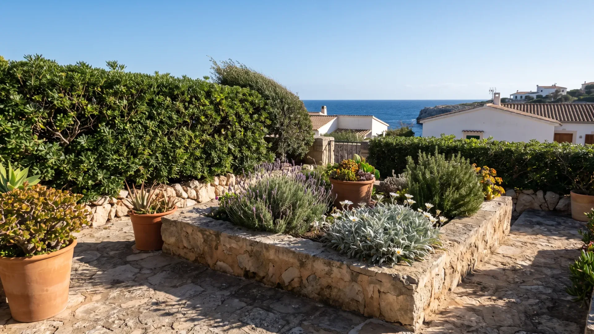 A small coastal garden at Costa de la Calma with raised stone beds, containers and a clipped salt tolerant screen