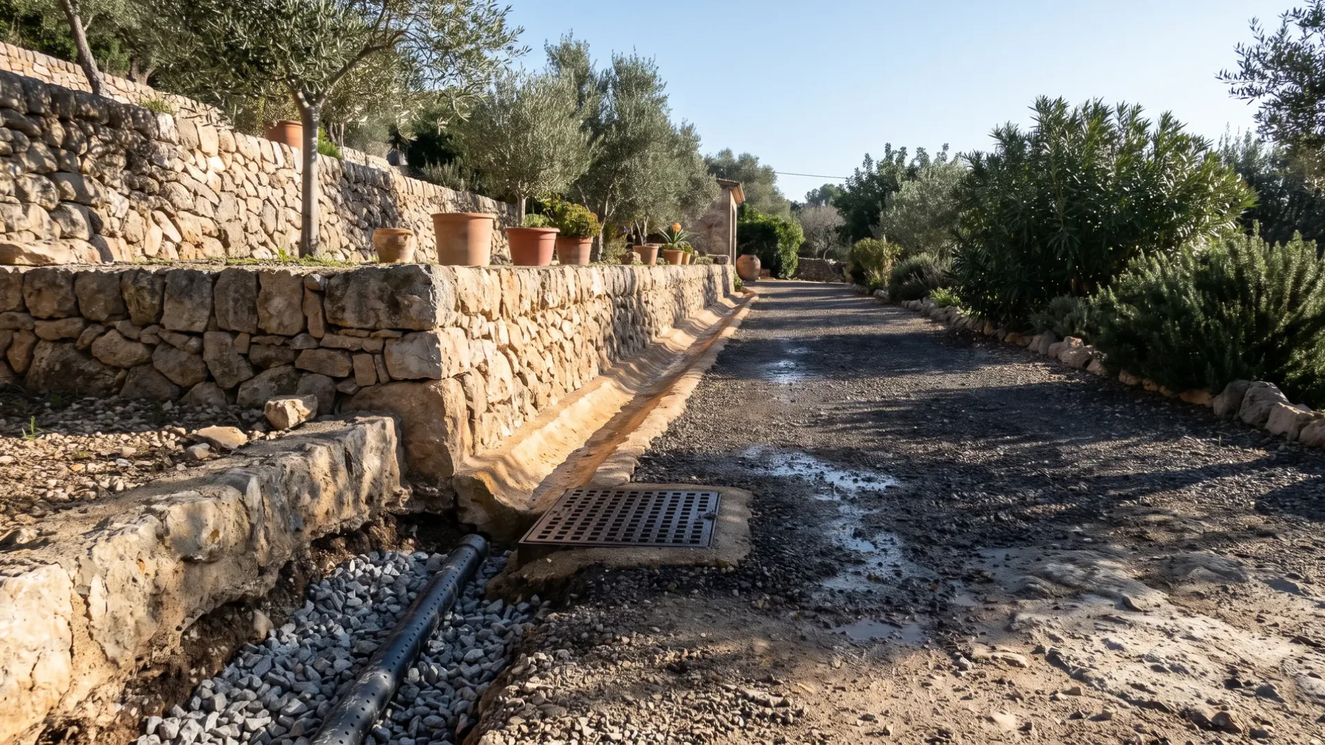 Stone lined drainage channel, cast iron gully grate and an open trench of washed stone in a Mallorcan garden