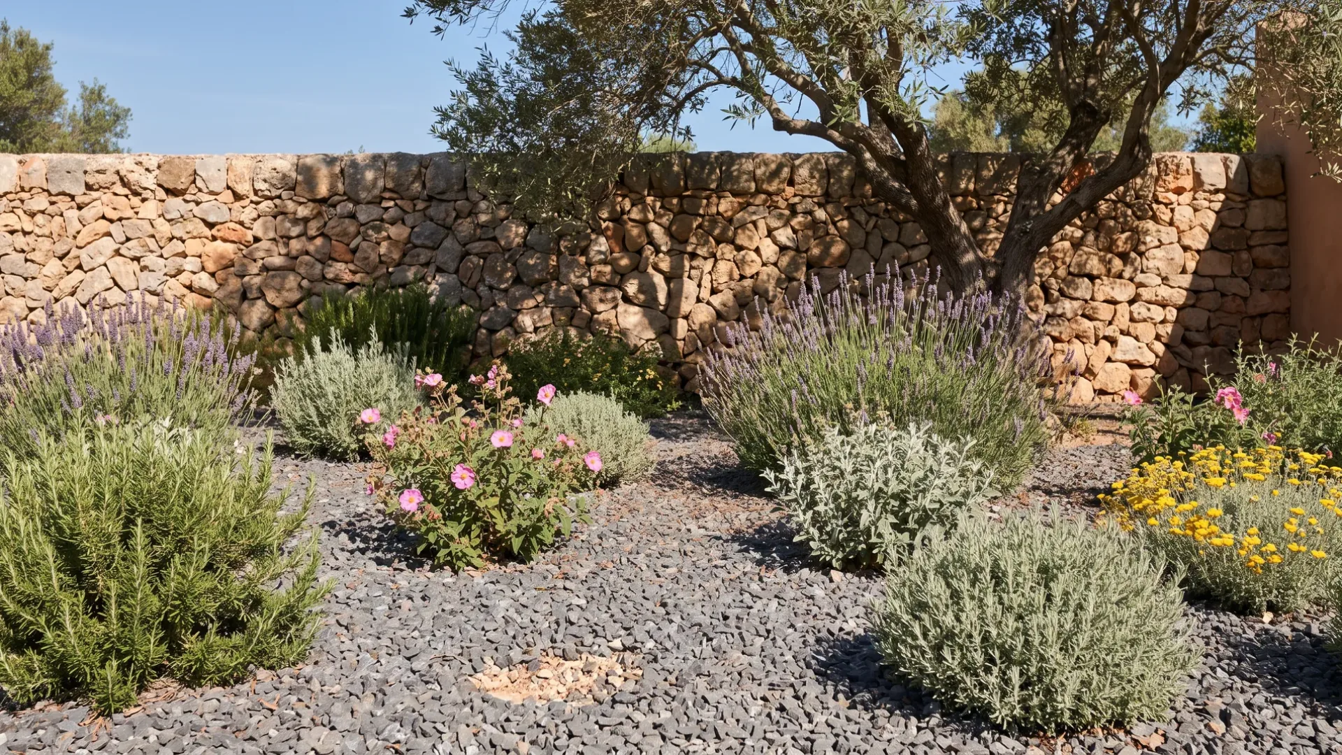 Widely spaced rosemary, lavender and cistus growing through deep gravel mulch beside a dry stone wall