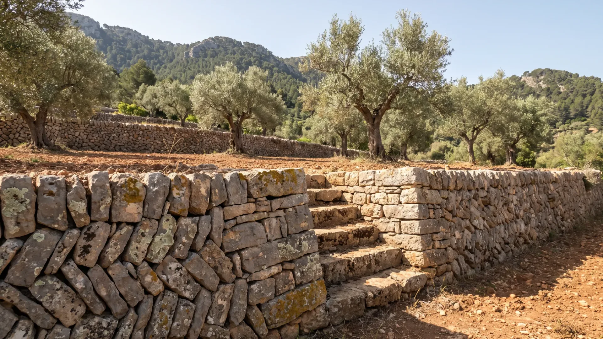 Traditional Mallorcan dry stone marge holding an olive terrace, with worn steps built through the wall