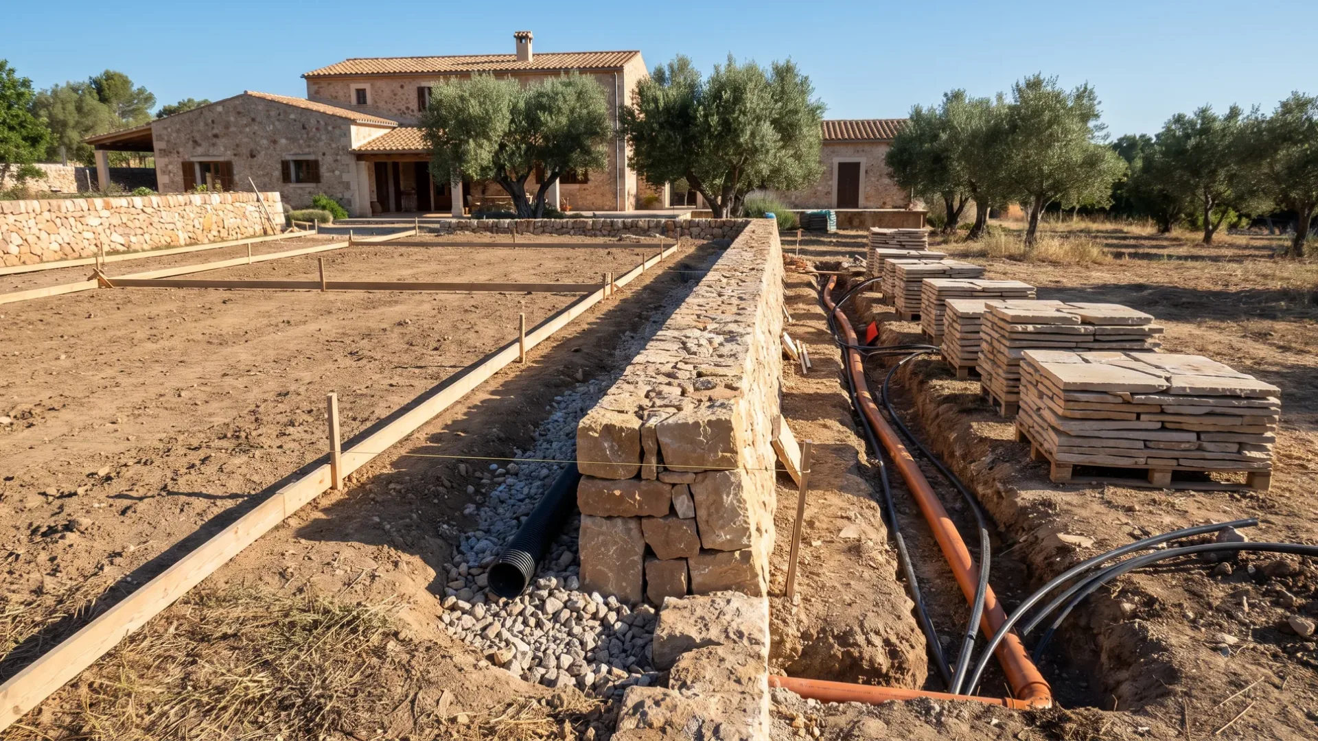 Garden under construction on Mallorca: string lines, a half built retaining wall with drainage, and pallets of stone paving