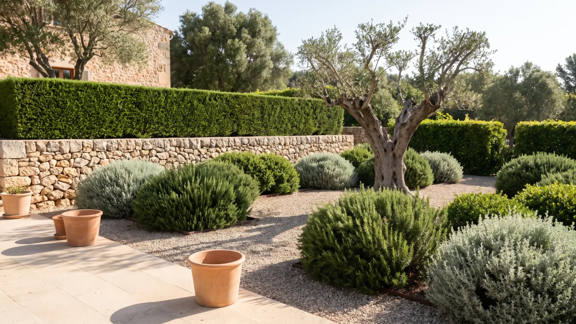 A mature Mediterranean garden with freshly raked gravel, clipped mounds and a newly pruned olive