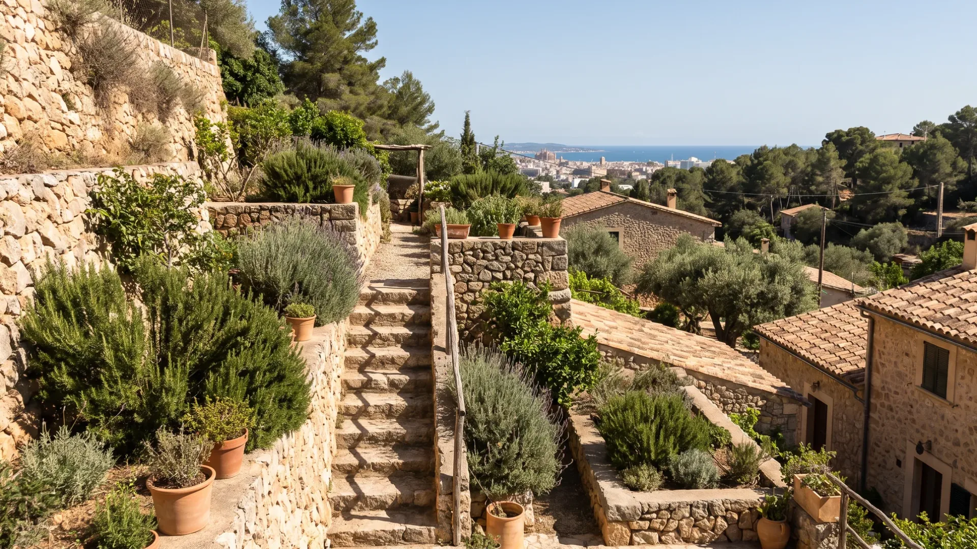 A terraced hillside garden at Génova with stone steps and potted herbs, above the rooftops and the Bay of Palma