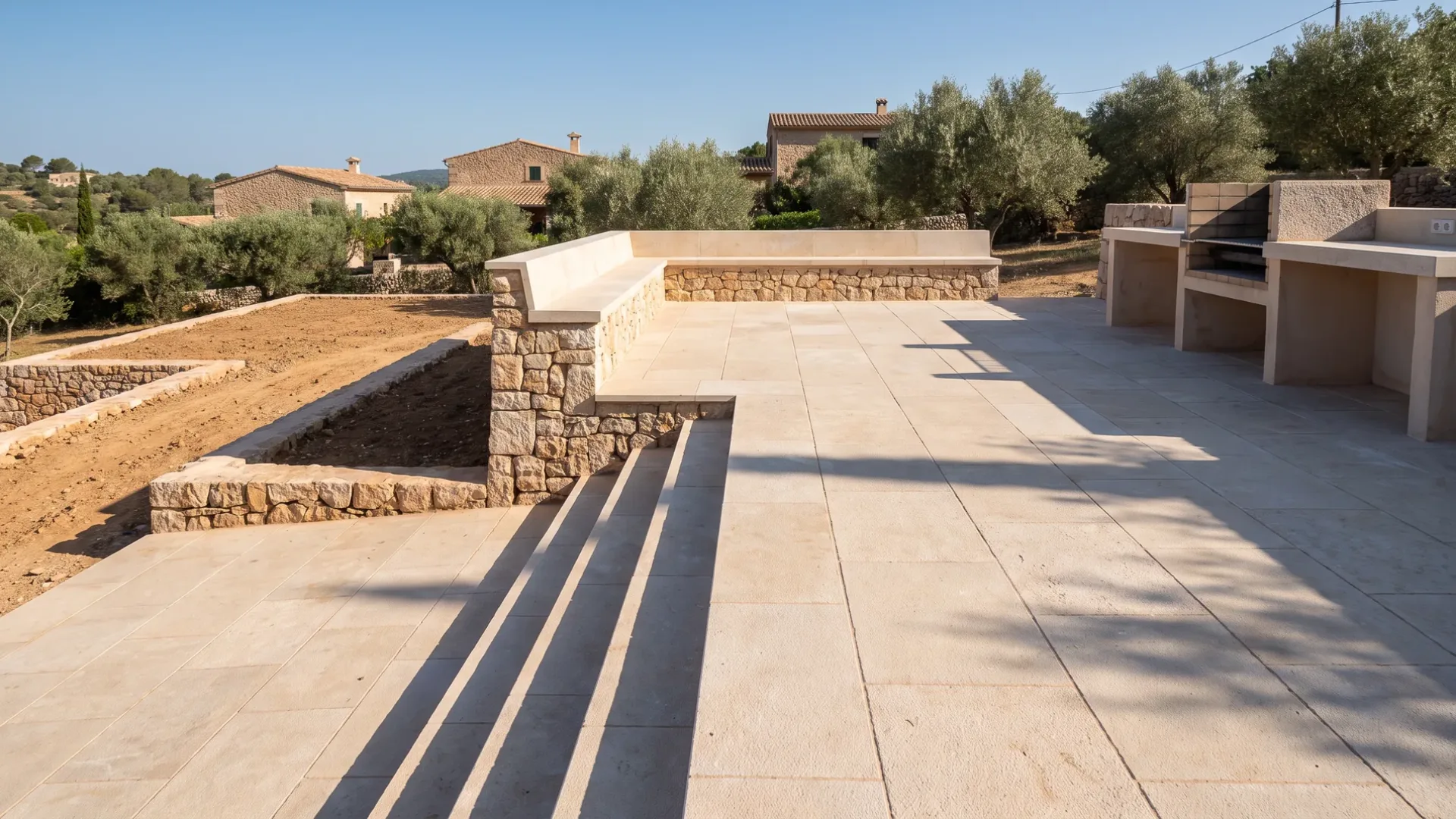 Newly built limestone terrace, steps, seating wall and stone outdoor kitchen at a Mallorcan villa