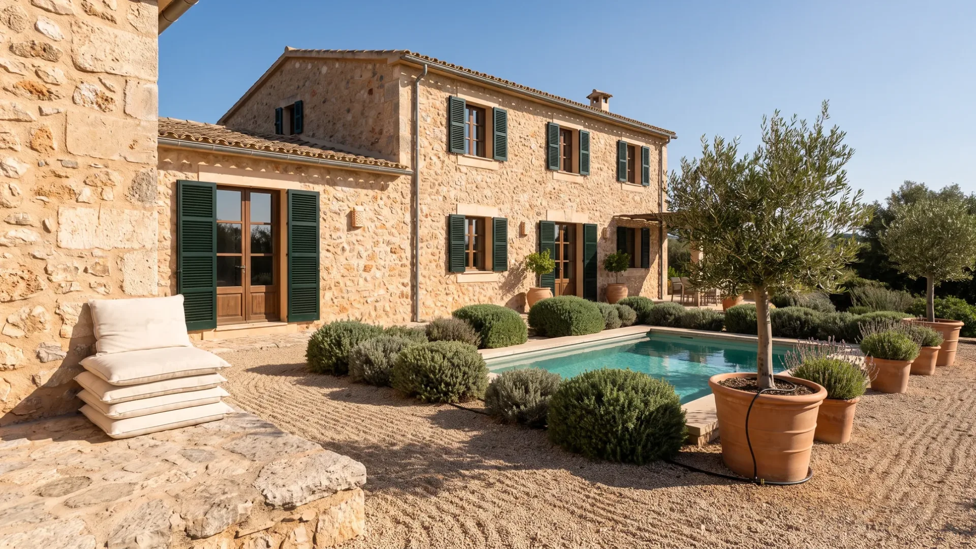 A Mallorcan holiday villa standing empty between guests, shutters closed and the pool terrace swept