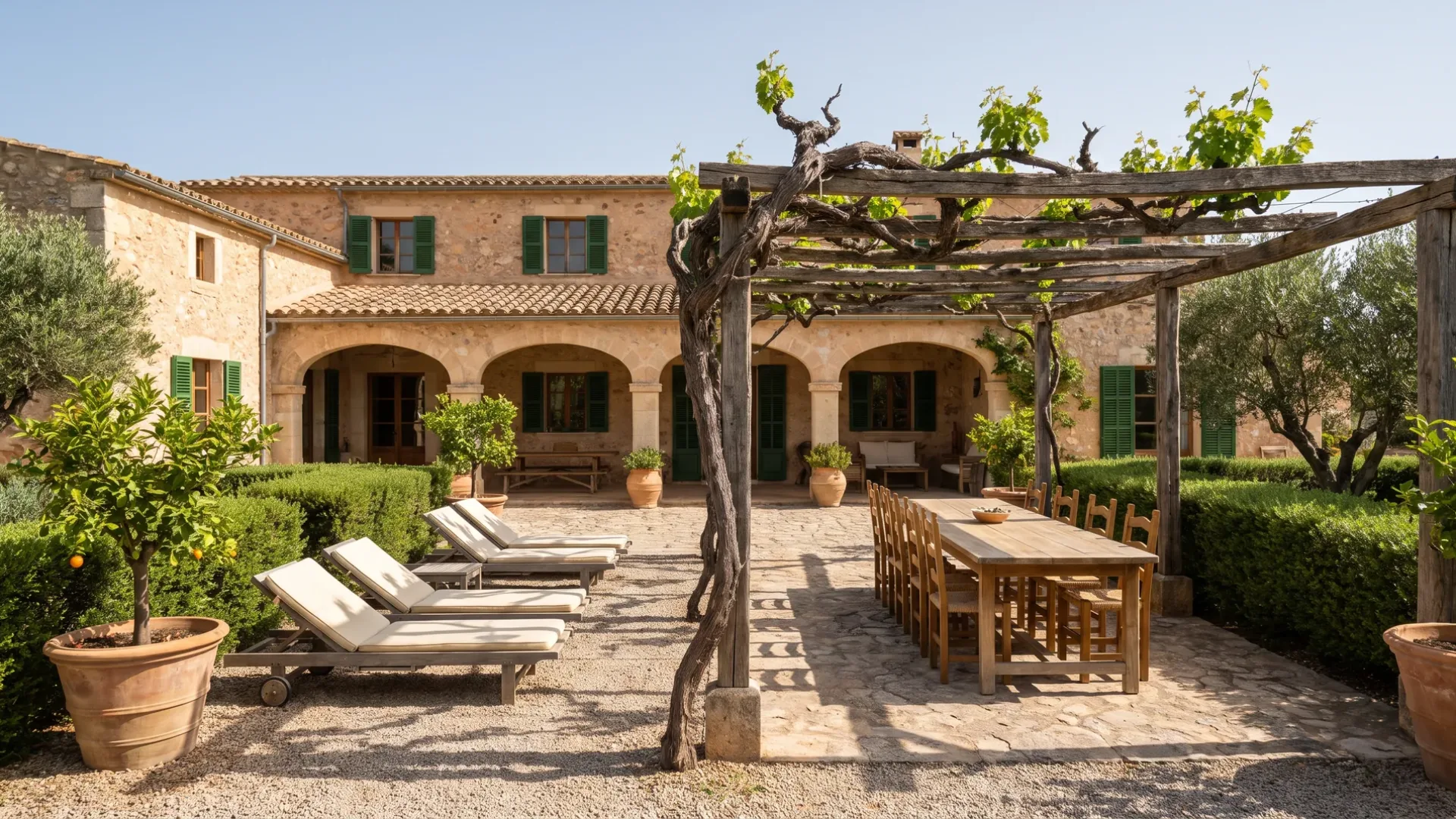The courtyard of a Mallorcan agroturismo, with a vine pergola, dining table and loungers, empty of guests