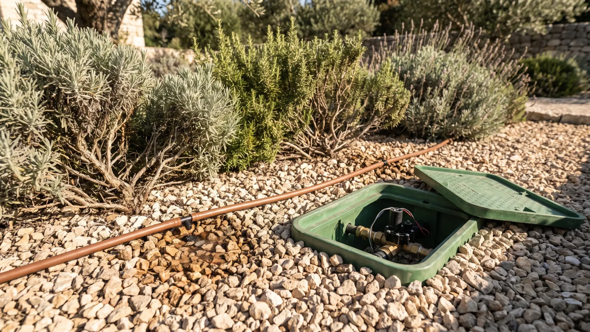 Drip line and an open valve box with brass fittings in a gravel mulched Mallorcan garden bed