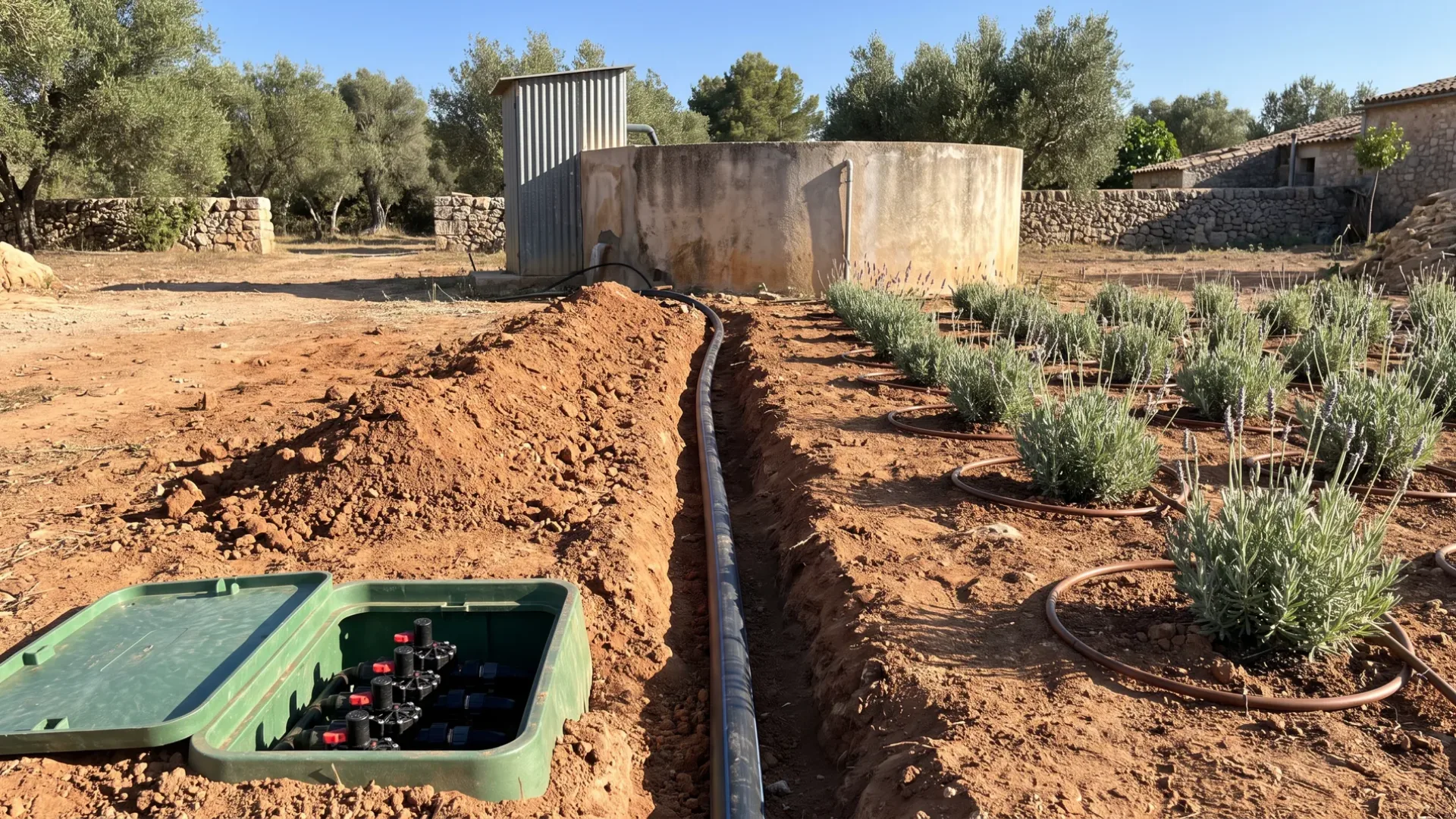 Open trench with mains pipe, a solenoid valve manifold and drip line looped through new lavender planting
