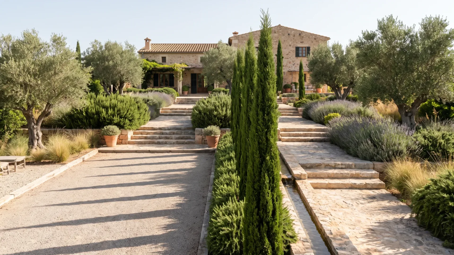 A realised garden design on Mallorca: gravel court, clipped cypress, a stone rill and wide limestone steps