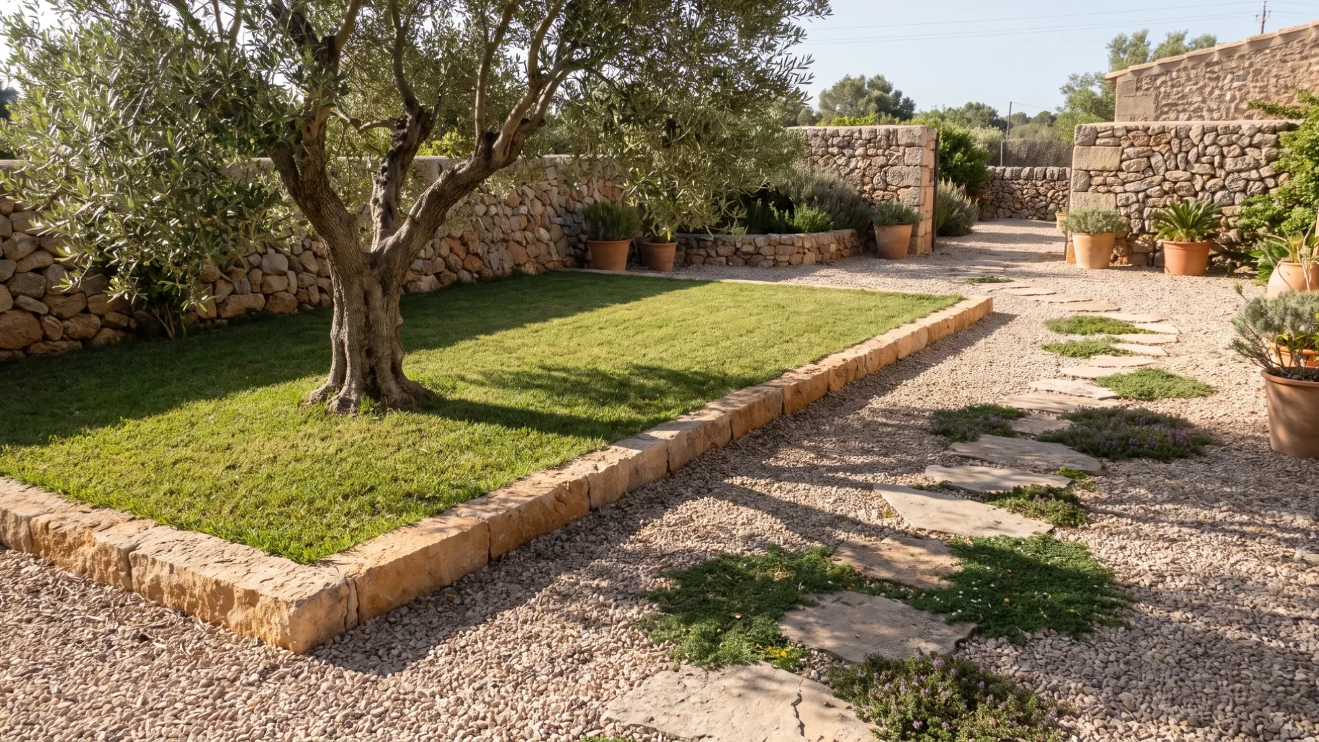 A small lawn edged in cut limestone beside gravel and thyme ground cover, shaded by a mature olive