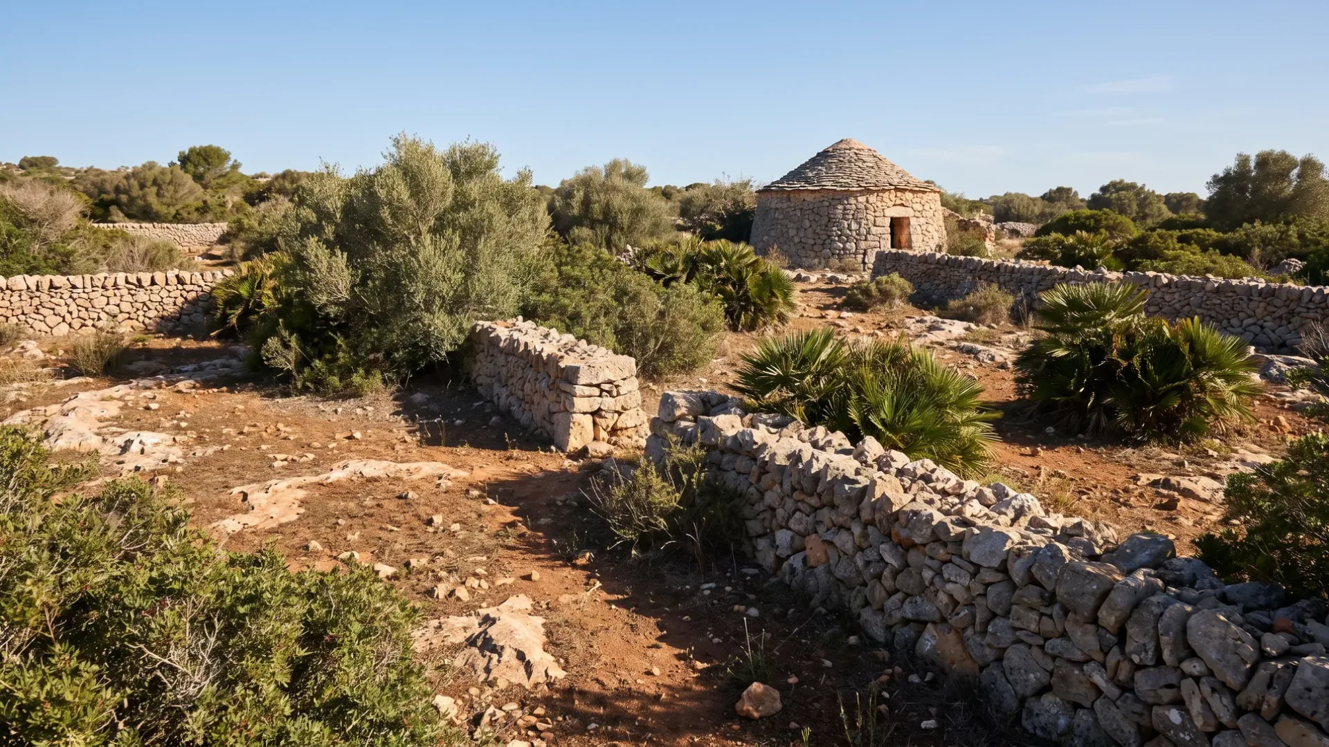 A corbelled stone barraca among low rubble walls, wild olive and dwarf fan palm on the plateau at Llucmajor
