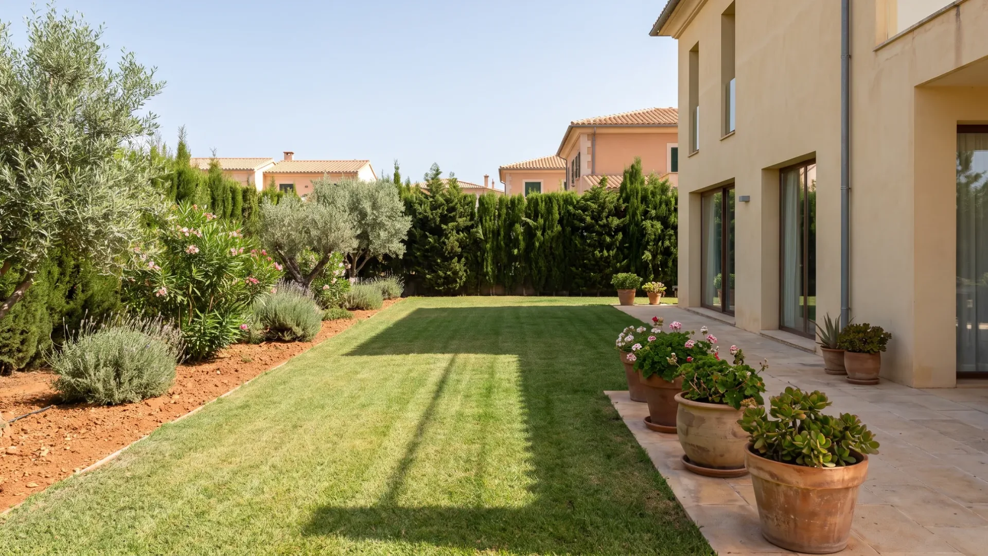 A commuter village garden at Marratxí with a developer laid lawn, cypress hedge and terracotta pots
