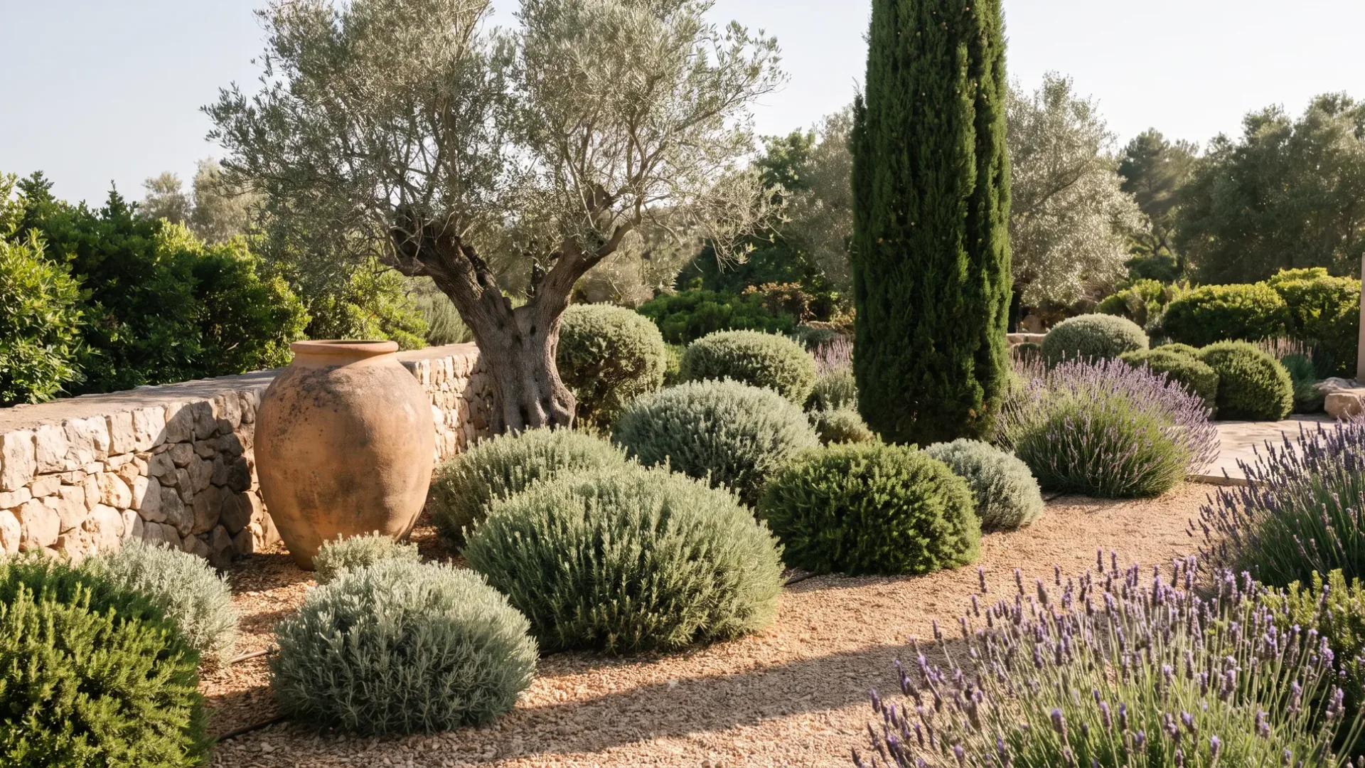 Clipped myrtle and rosemary, an old terracotta oil jar, olive and cypress in a gravel mulched Mallorcan garden