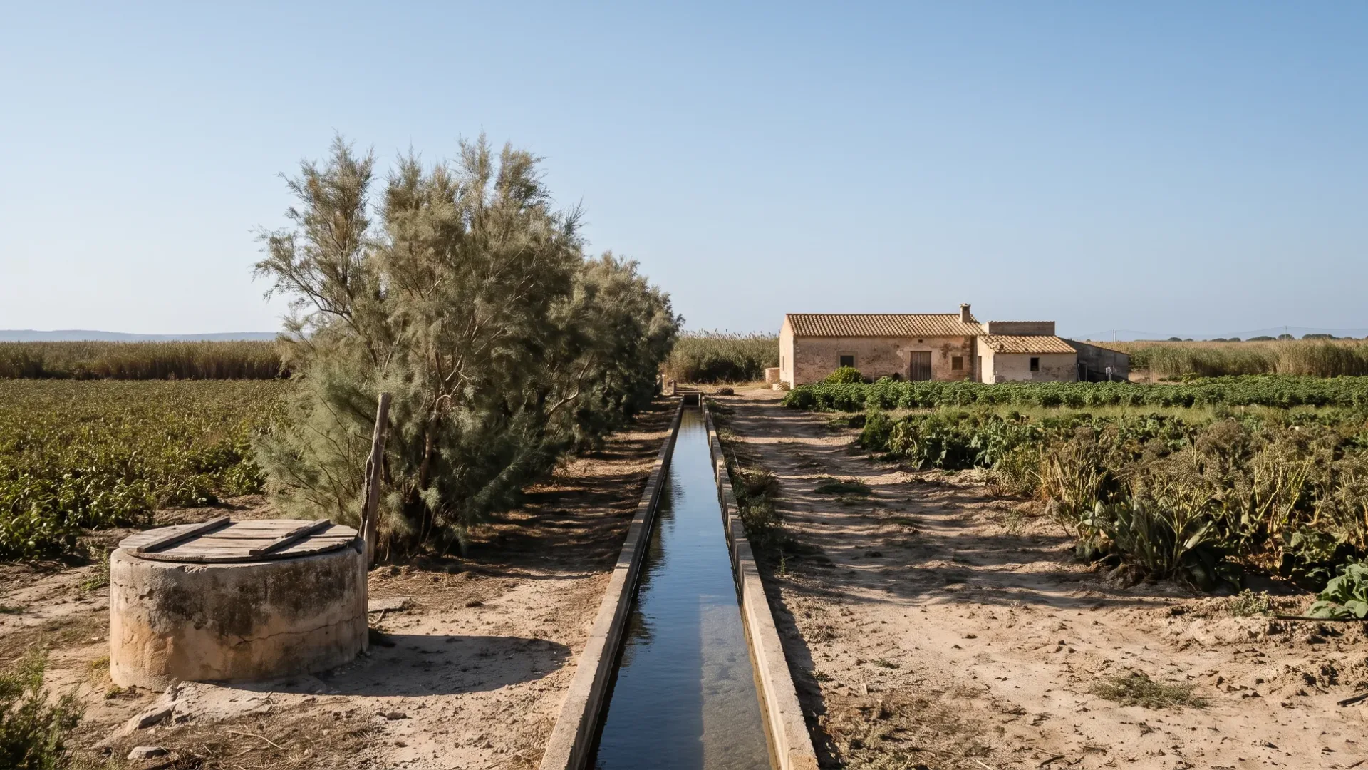 An irrigation channel and stone well head between market garden fields at Muro, behind the northern bay