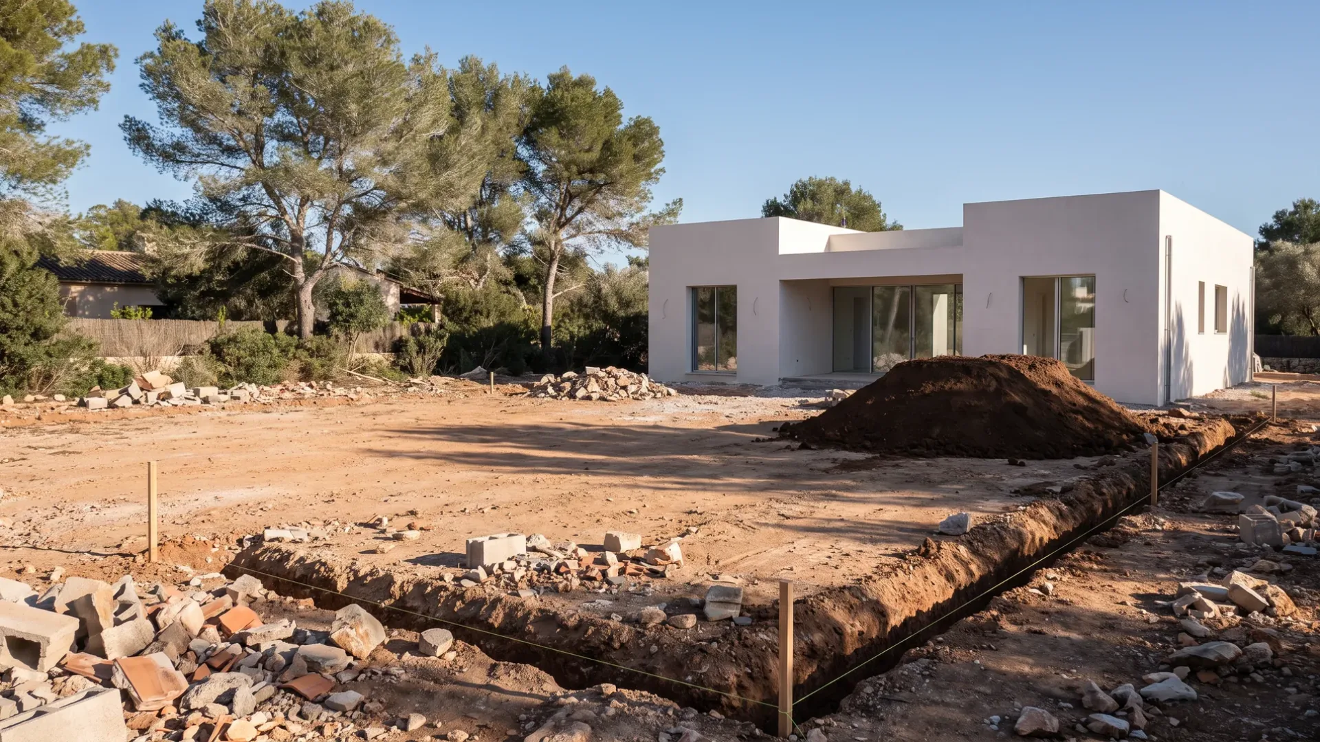 The bare compacted plot around a newly finished Mallorcan villa, with rubble, imported topsoil and a service trench