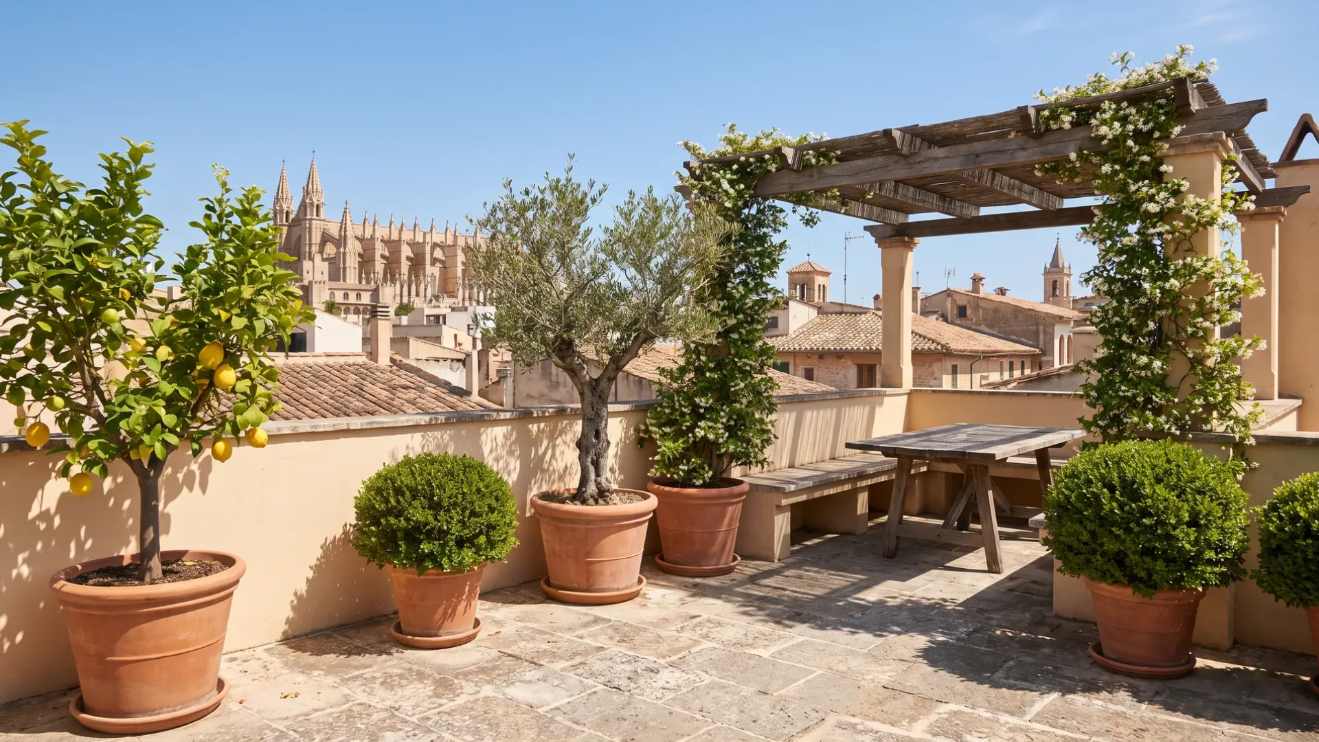A roof terrace garden in the old town of Palma with potted citrus and olive, above the rooftops and the cathedral