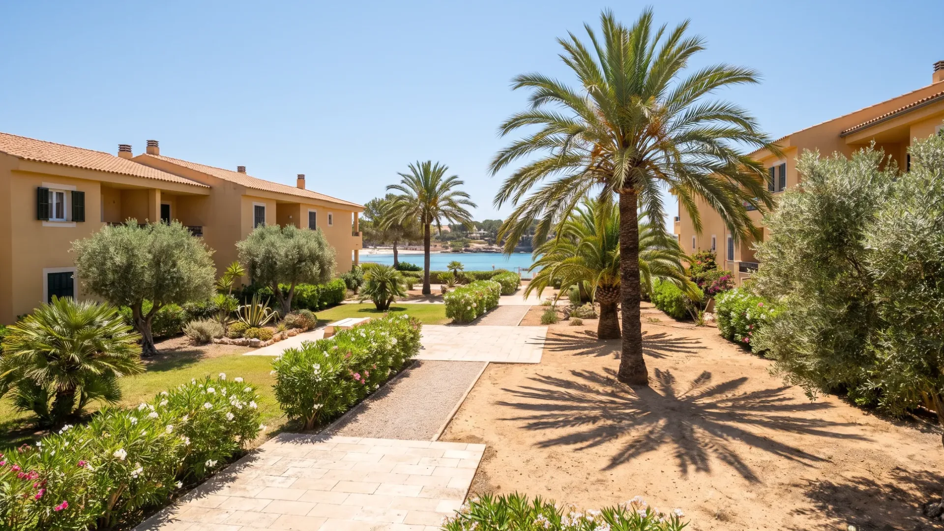 Shared gravel and lawn terrace between low apartment buildings at Palmanova, with palms and the sandy bay beyond