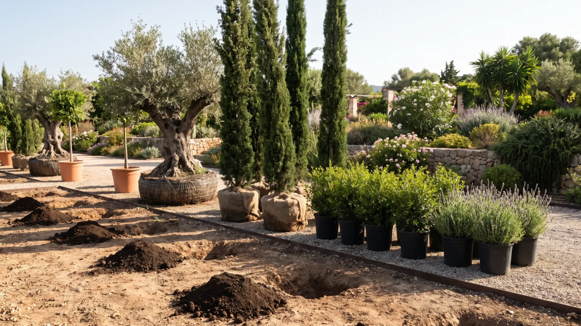 Specimen olive and cypress in root balls and nursery pots standing beside a prepared planting bed