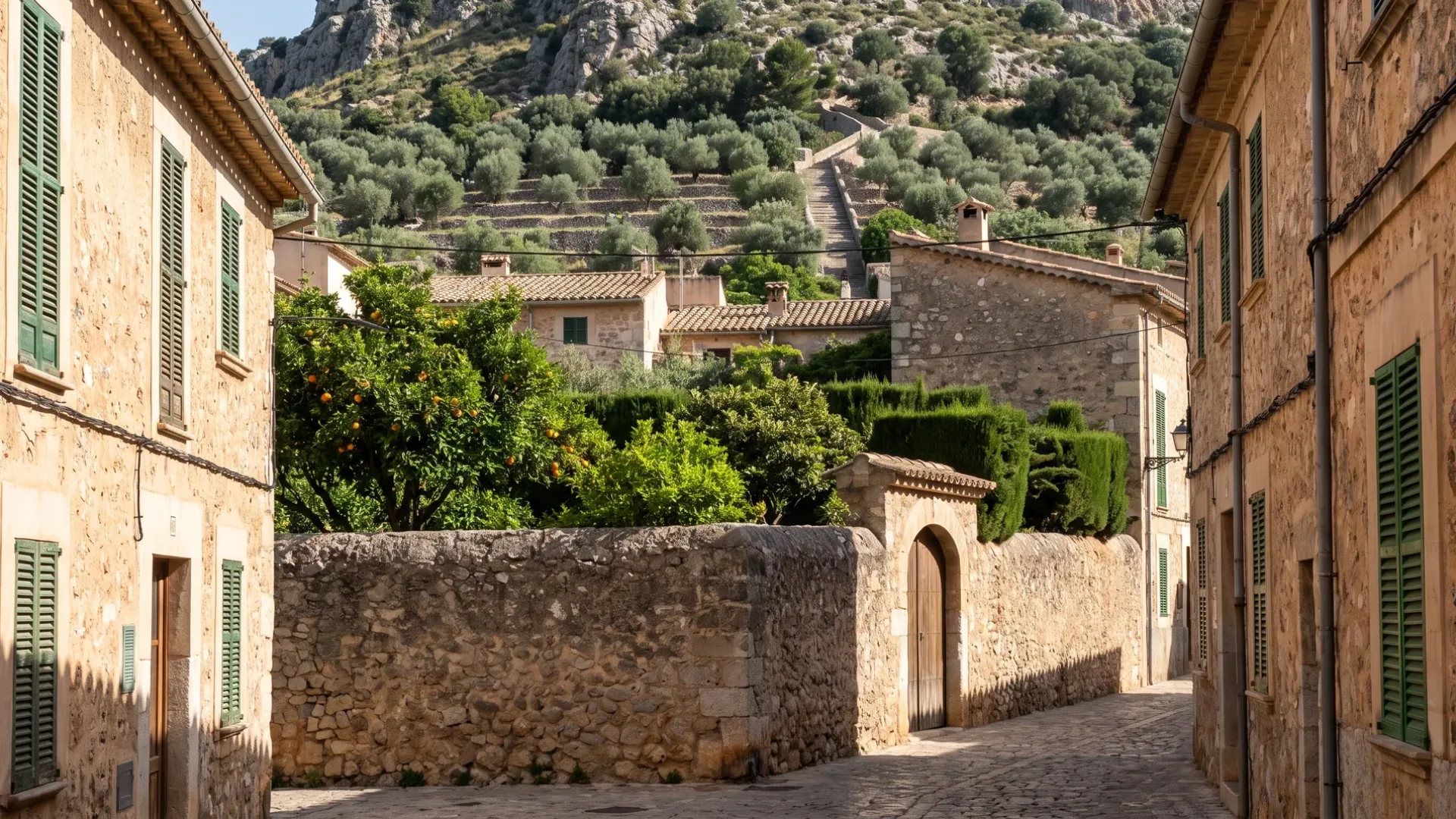 A stone street in Pollensa old town with an orange tree over a garden wall, below the terraced Puig and the Calvari steps