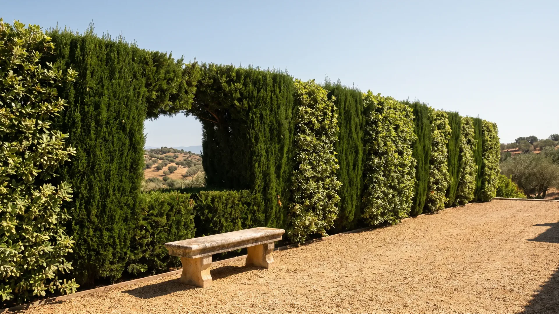 A tall clipped cypress and pittosporum hedge screening a Mallorcan garden, with a gap kept open for the view