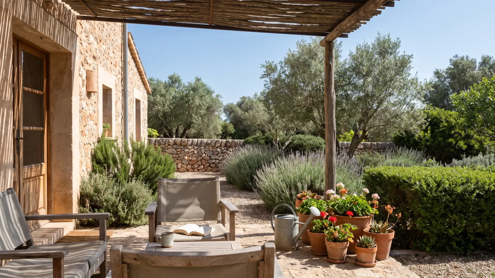 A lived in Mallorcan villa terrace with weathered furniture, potted geraniums and lavender beyond
