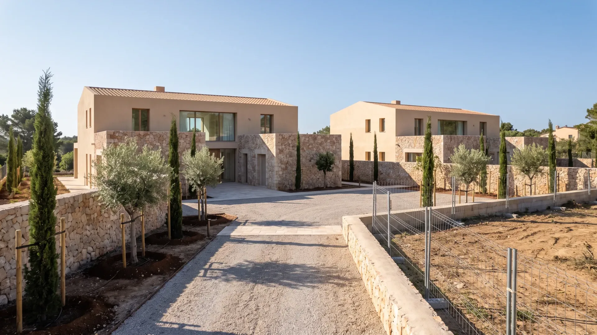 Two newly completed Mallorcan villas with young cypress and olive planted to specification