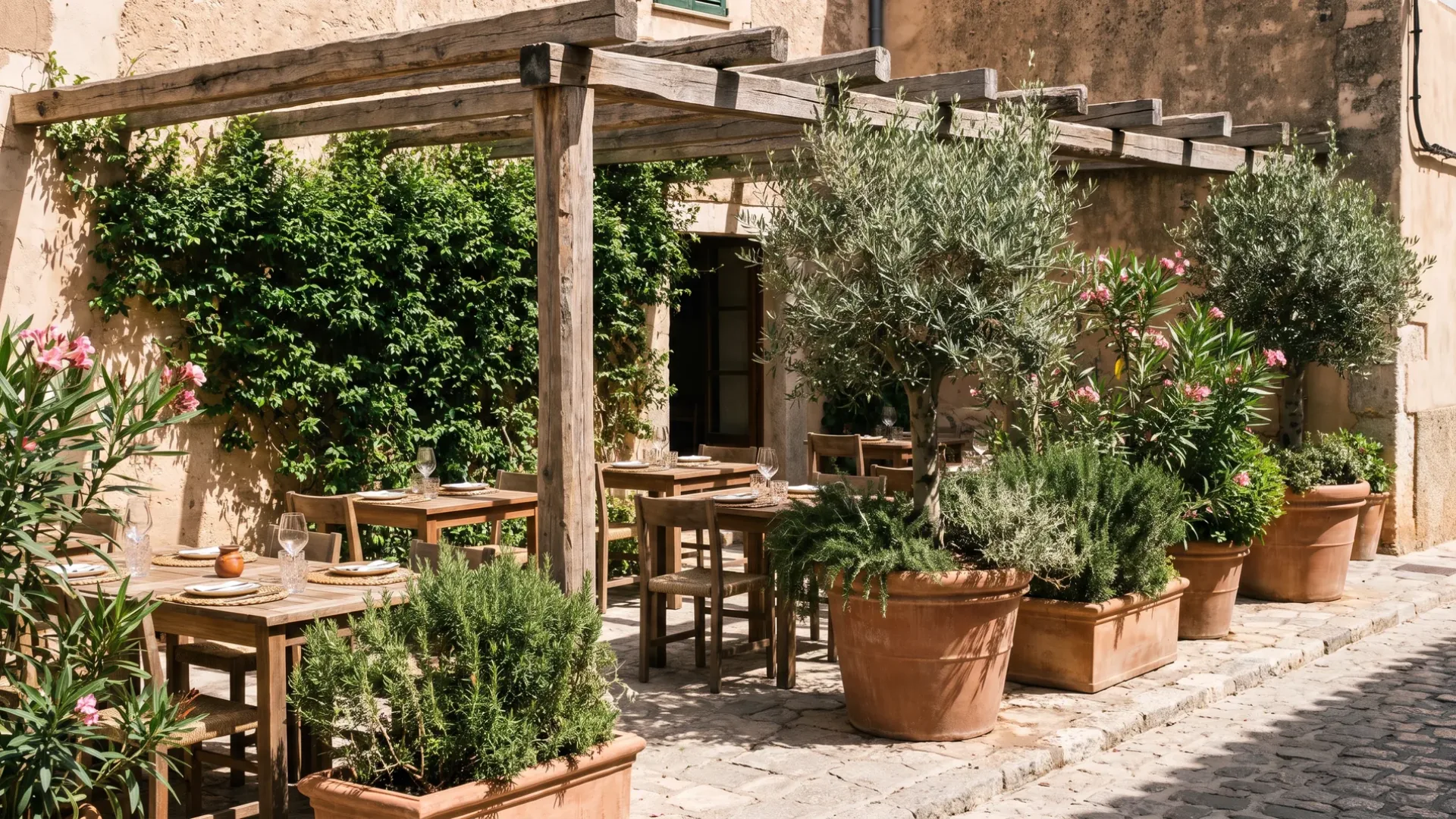 A Mallorcan restaurant terrace laid for service under a pergola, screened by olive and oleander in planters