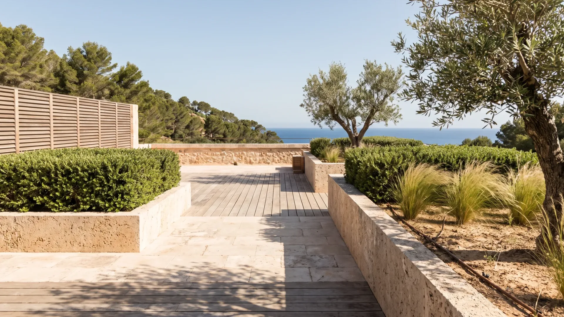 Fixed planters of clipped myrtle and olive on a Mallorcan roof terrace, with pine hillside and sea beyond