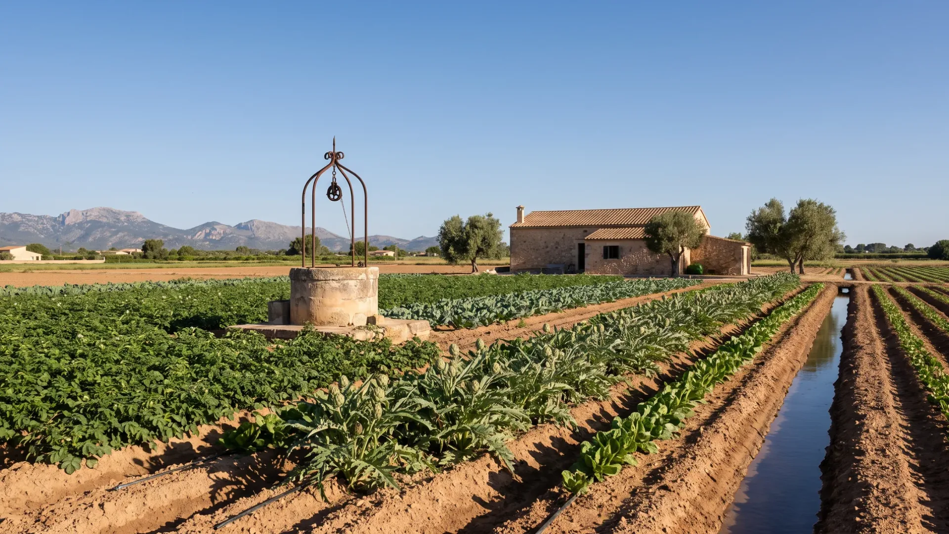 An irrigation channel and stone well head between vegetable rows on the reclaimed farmland at Sa Pobla