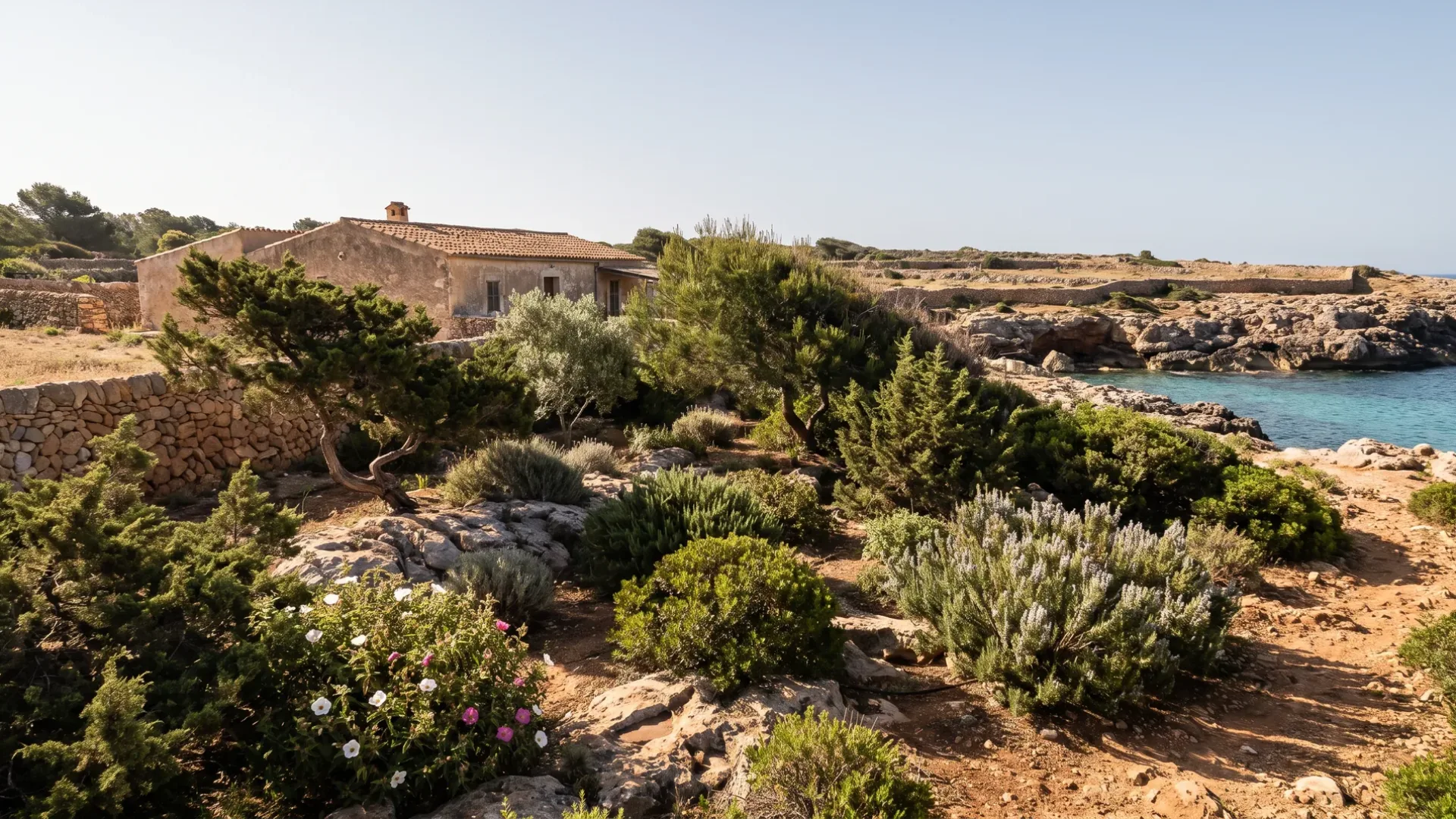 A marès sandstone farmhouse and cliff top planting of juniper, pine and rosemary above a cove at Santanyí