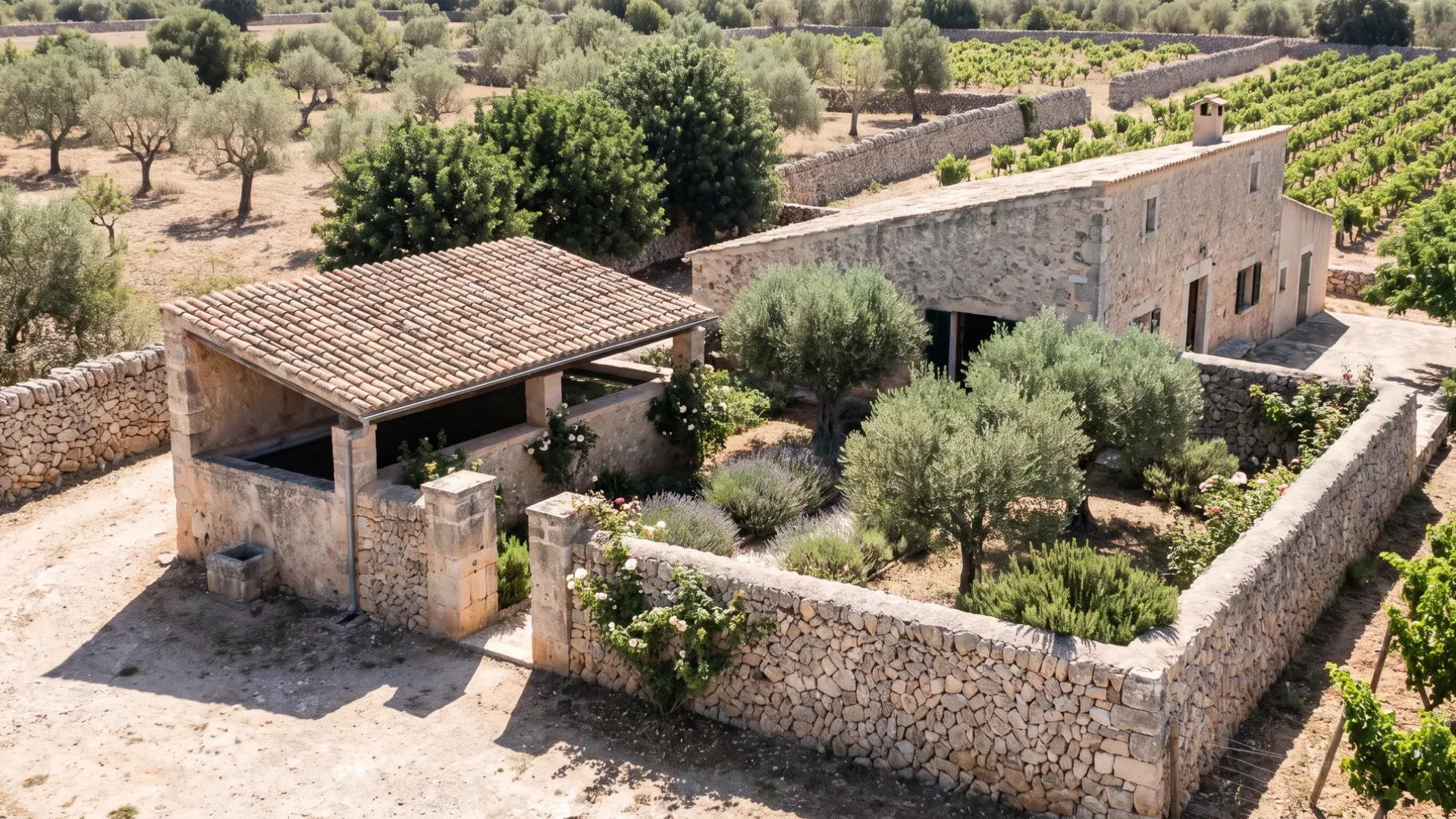 Old dry stone walls dividing almond and vine around a stone farmhouse at Sencelles