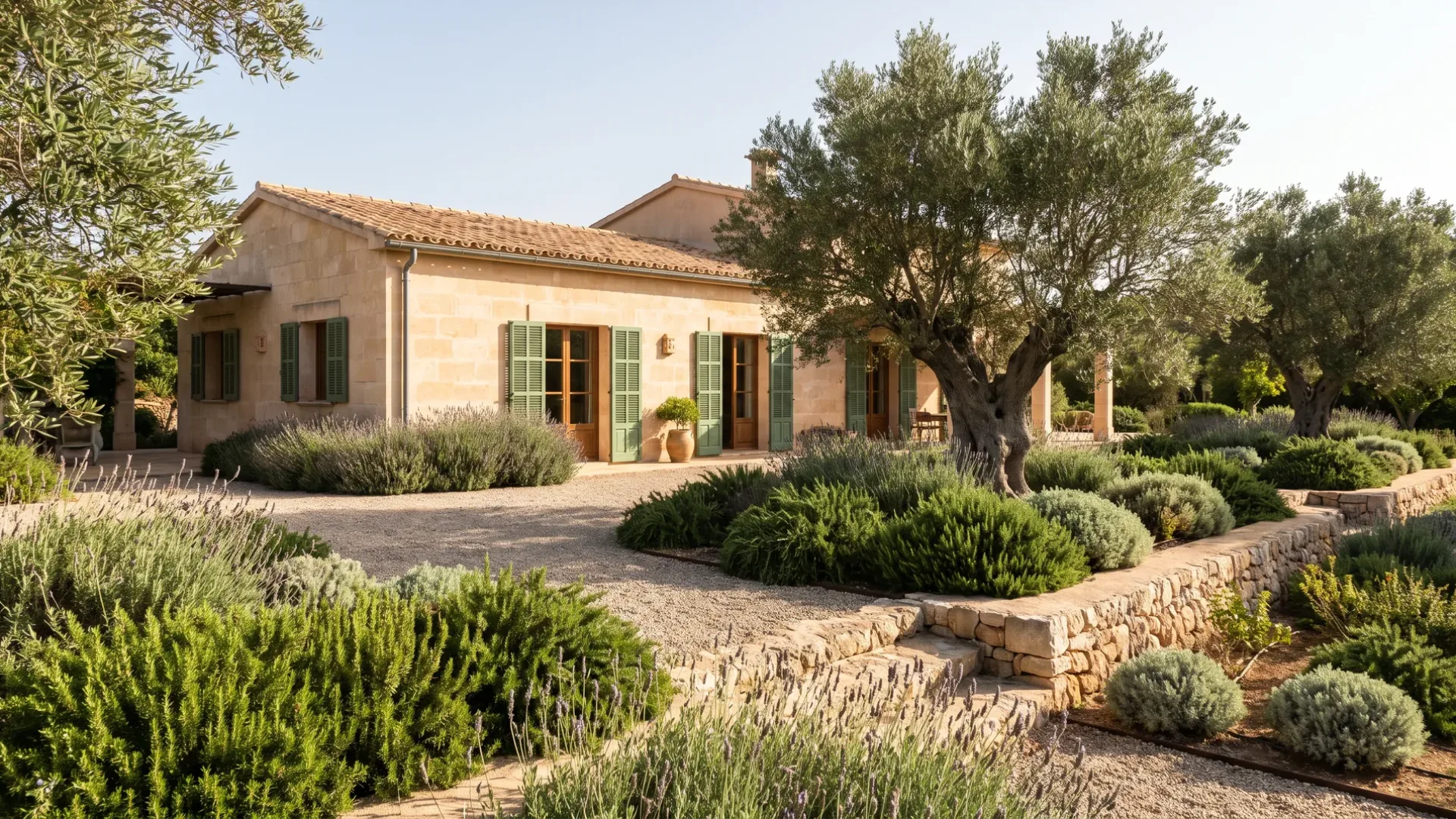 Gravel terrace and loose rosemary and lavender beds in front of a Mallorcan limestone finca with green shutters