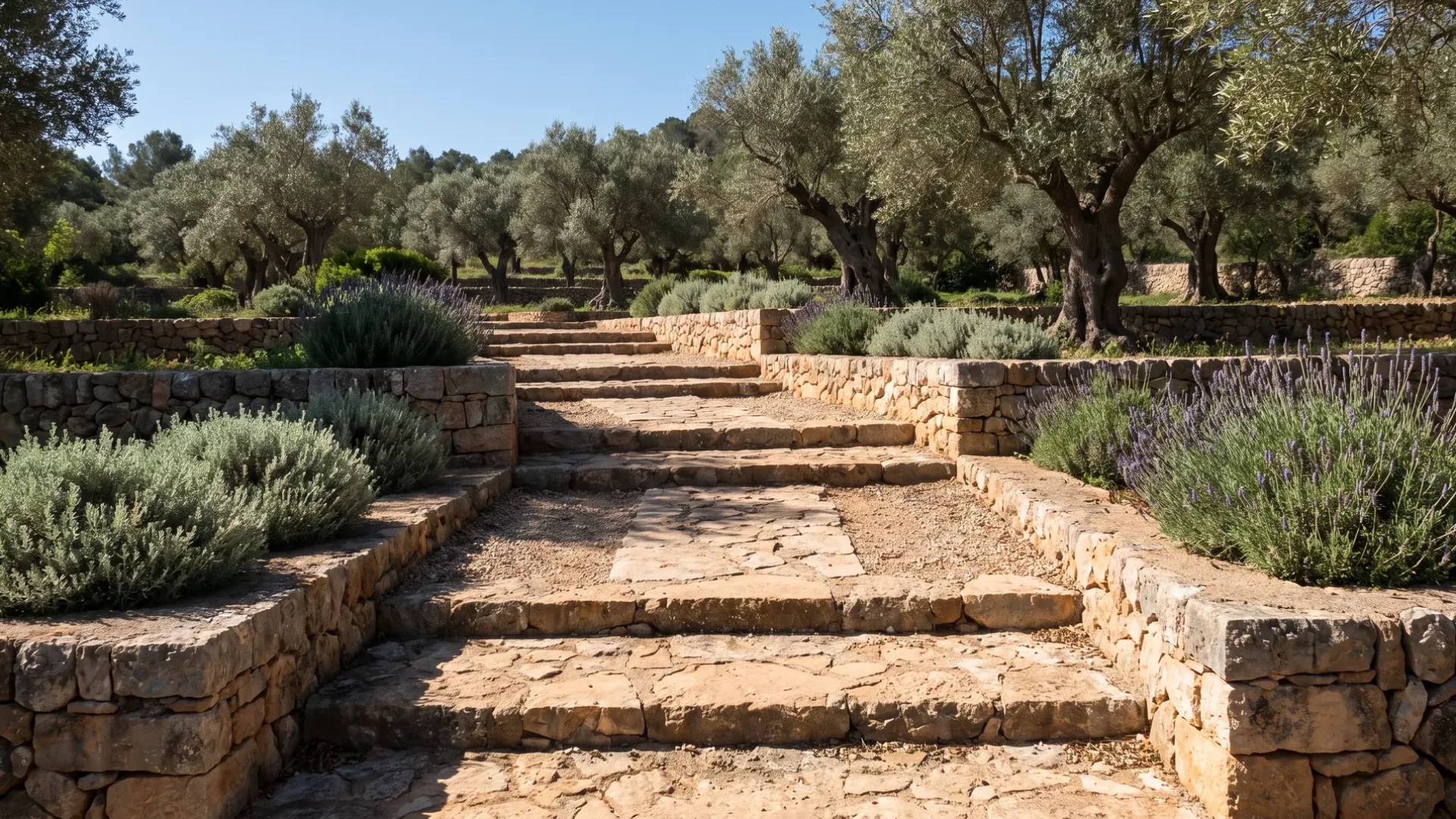 A limestone path rising in shallow steps between dry stone edging and lavender, with an olive grove beyond