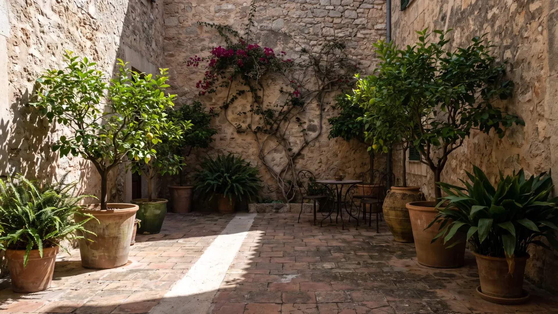 A shaded courtyard behind a Mallorcan townhouse, with terracotta pots of citrus and fern on old tiles