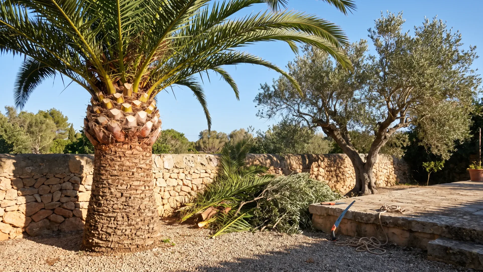 A freshly crown cleaned Canary Island date palm and a newly pruned olive, with cut fronds stacked on the gravel