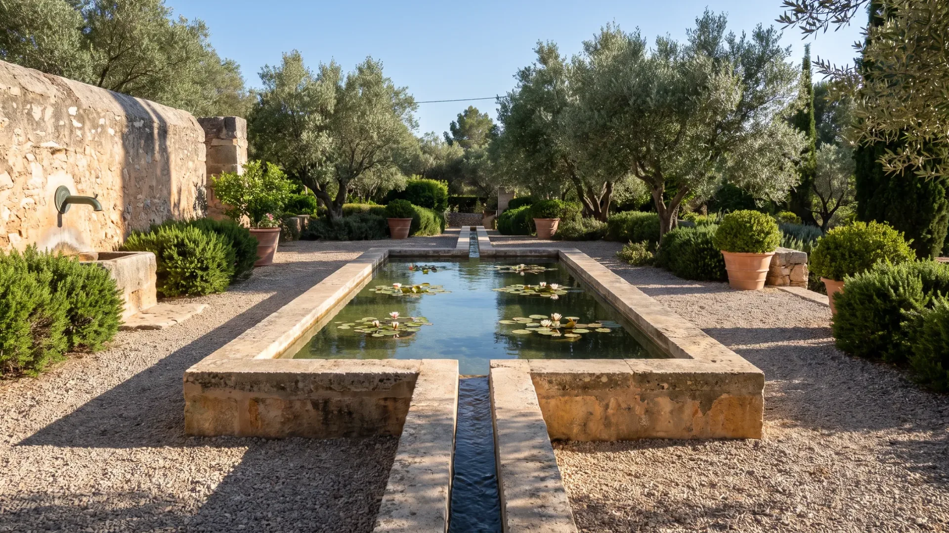 A restored stone water basin with lilies and a narrow rill running along the edge of a gravel terrace