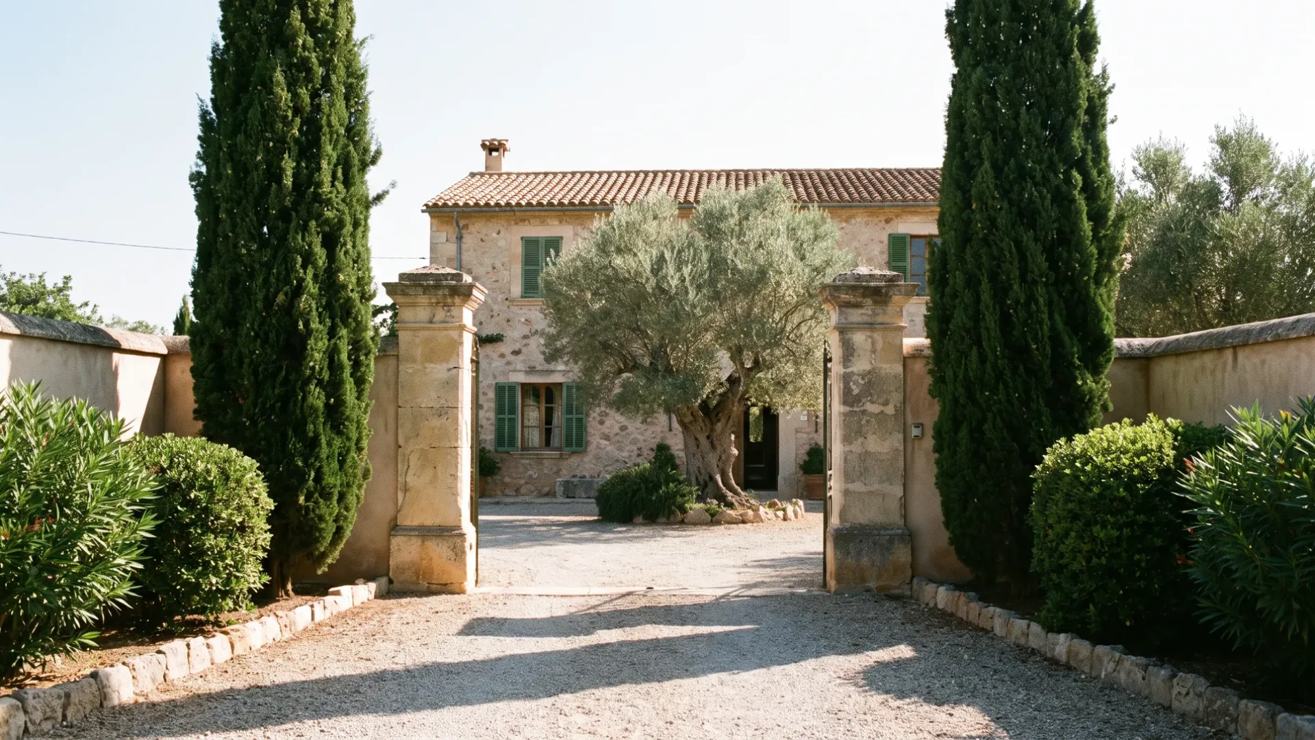 Gravel forecourt between limestone gateposts and old cypress, leading to a Mallorcan stone villa